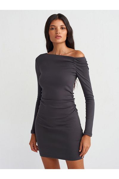 Dilvin 90848 Model Asymmetrical Mini Anthracite Dress