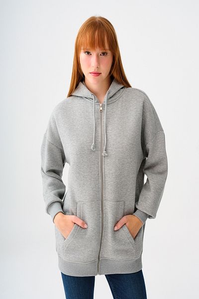 Loft 2038225   Gray Rope Detailed Women's Cardigan - Hooded, Pocketed and Neck Zippered Sweat