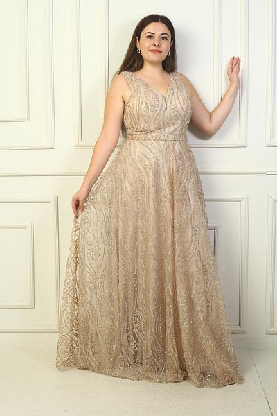 By Saygı Large Size Stone Detailed Thick Strap Long Evening Dress