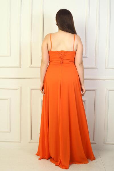 By Saygı Plus Size Draped and Lined Long Chiffon Dress - Rope Strap