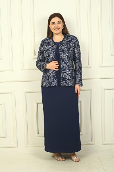 By Saygı Bead Embroidered Long Dress and Bead Sequin Embroidered Jacket - Plus Size 2-piece Set