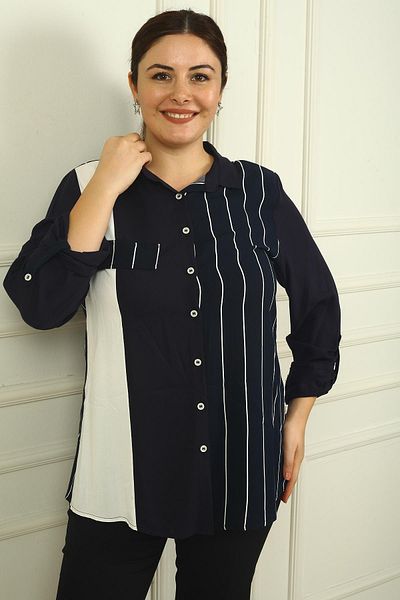 By Saygı Cămașă de damă cu dungi cu un singur buzunar - mânecă îndoită B.B. Model