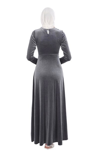 lodmela Γκρι Velvet Hijab Βραδινό Φόρεμα - Απλικέ Λεπτομέρεια, Φόρεμα 694