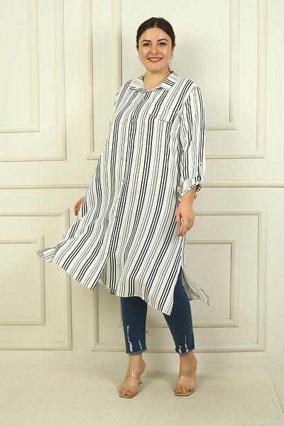 By Saygı Neck Striped Large Size Long Tunic Shirt - Sleeve Folded