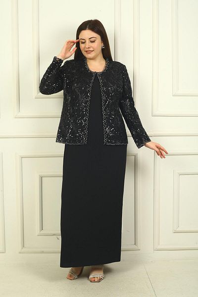 By Saygı Plus Size Women's - Sequin Embroidered Bead Detailed Tulle Jacket and Long Dress Set of 2