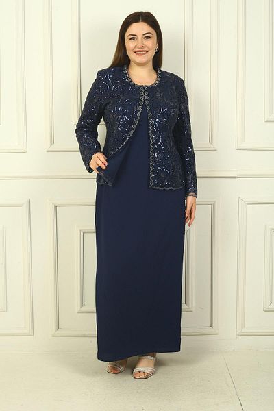 By Saygı Plus Size Women's - Sequin Embroidered Bead Detailed Tulle Jacket and Long Dress Set of 2