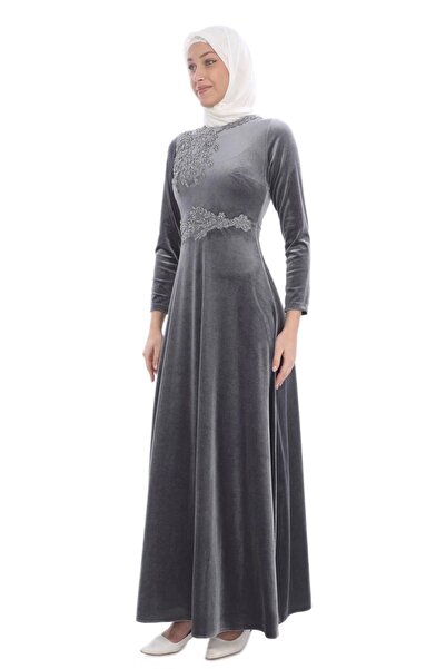 lodmela Γκρι Velvet Hijab Βραδινό Φόρεμα - Απλικέ Λεπτομέρεια, Φόρεμα 694