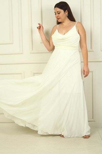 By Saygı Plus Size Draped and Lined Long Chiffon Dress - Rope Strap