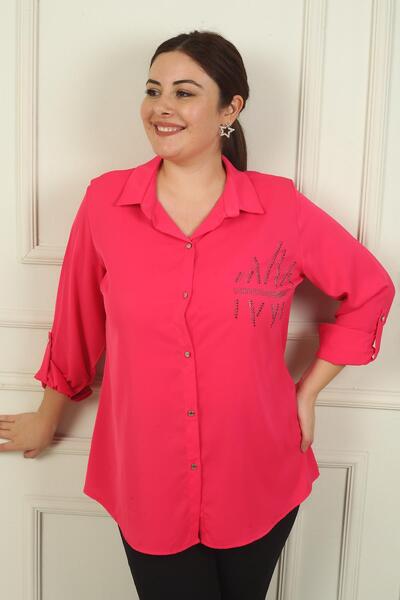 By Saygı Kadın Kol Katlamalı Taş Detaylı Krep Saten Büyük Beden Gömlek