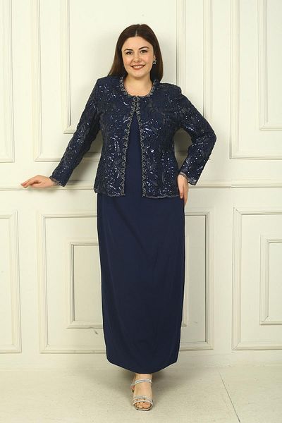 By Saygı Plus Size Women's - Sequin Embroidered Bead Detailed Tulle Jacket and Long Dress Set of 2