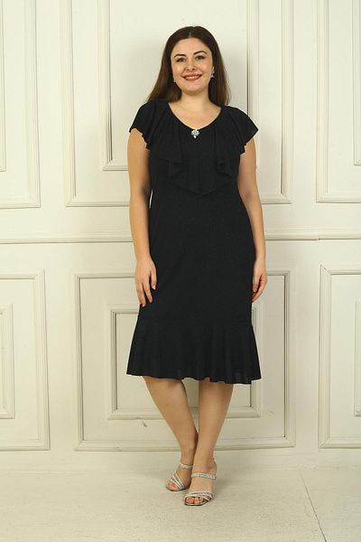 By Saygı Plus Size Flounced Collar and Brooch Glitter Detailed Dress