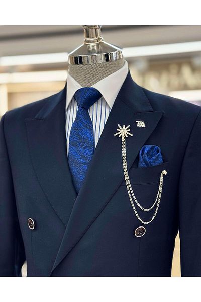 TerziAdemAltun Italian Style Double Breasted Jacket Trousers Suit Navy Blue T7904