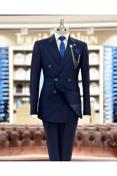 TerziAdemAltun Italian Style Double Breasted Jacket Trousers Suit Navy Blue T7904