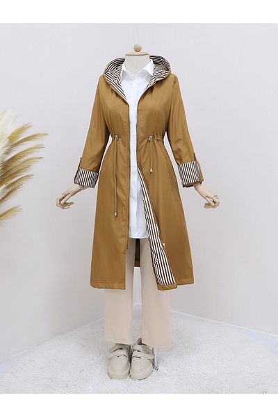 Modamorfo Taillenbesetzter, gesteppter, gefütterter Trenchcoat mit Kapuze – Hellbraun
