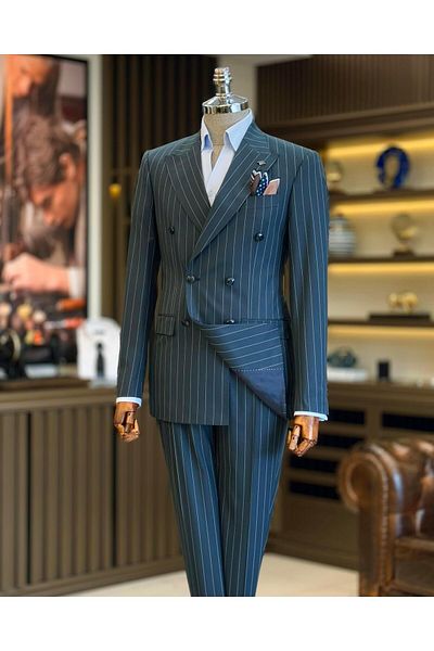 TerziAdemAltun Green Italian Style Double Breasted Striped Jacket and Pants Set - T12897