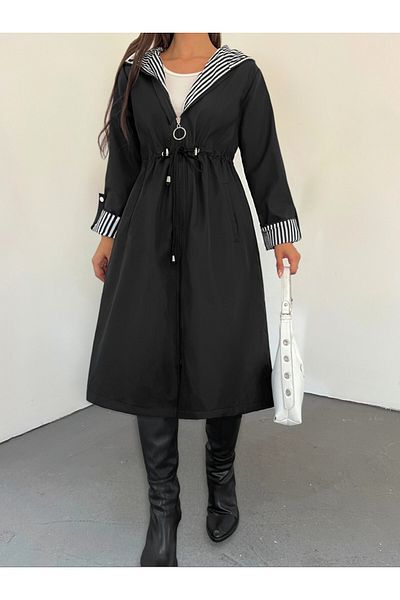 Modamorfo Quilted Lined Hooded Trench Coat with Tightened Waist - Black