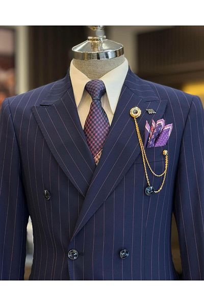 TerziAdemAltun Navy Blue Double-Breasted Striped Suit - Italian Style T12903