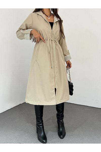 Modamorfo Gesteppter, gefütterter Trenchcoat mit Kapuze, in der Taille befestigt
