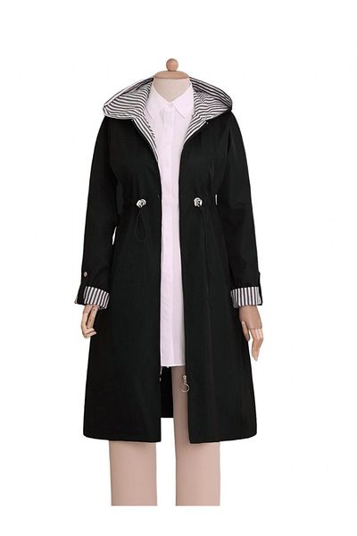 Modamorfo Quilted Lined Hooded Trench Coat with Tightened Waist - Black