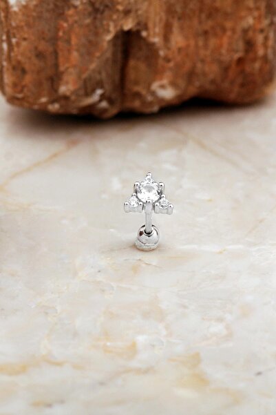 Sümer Telkari Üçgen Taşlı Rodyumlu Gümüş Tragus Küpe 7080