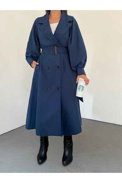 Modamorfo Balloon Sleeve Trench kabát oldalzsebekkel és övvel -laci