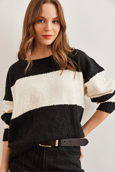 Olalook Pulover de tricotaj negru - Textura moale și dungi groase KZK- 19000823