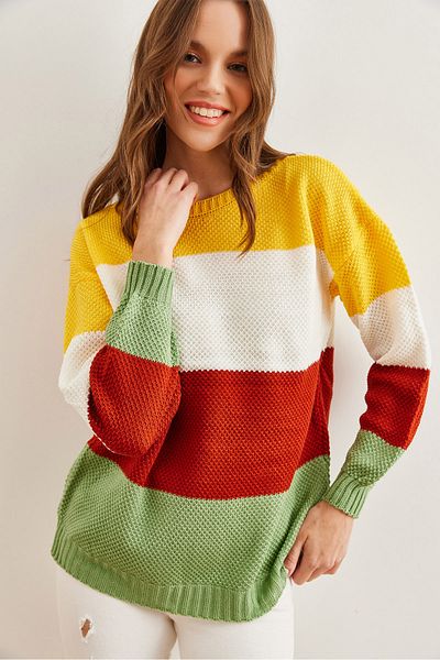 Olalook Mint and Yellow Color Blocked Thin Knitwear Women's Sweater - Kzk- 19000814