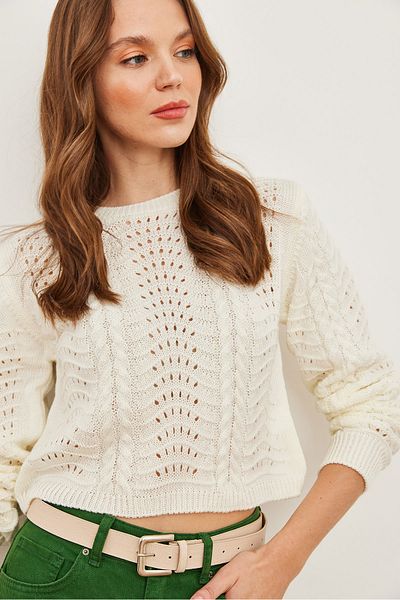 Olalook Pulover alb din tricotaje crop - Wave Braid KZK- 19000822