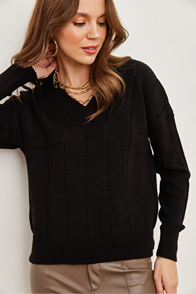 Olalook Schwarzer, durchbrochener Crop-Strickpullover mit V-Ausschnitt für Damen KZK- 19000816