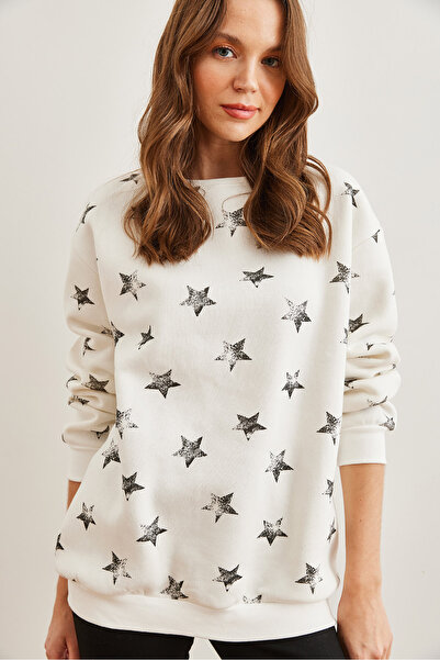 Olalook Kadın Ekru Siyah Yıldız Baskılı Oversize Şardonlu Sweatshirt SWT-19000658
