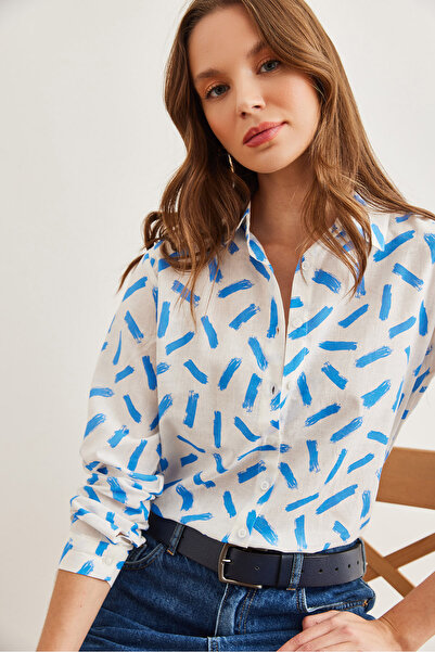 Olalook Cămașă de damă din in albastru - cu detaliu stick, manșetă GML- 19001248