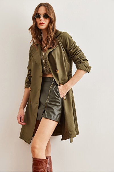 Olalook Kadın Haki Düğmeli Cepli Astarsız İnce Trençkot TRC-00000008