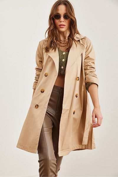 Olalook Beigefarbener dünner Trenchcoat – Knöpfe und Taschen, ungefüttert, TRC- 00000008