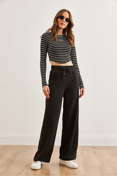 Olalook Black Women's Sweatpants - Pockets and Waist Laces, Wide Leg Eşf- 00000075