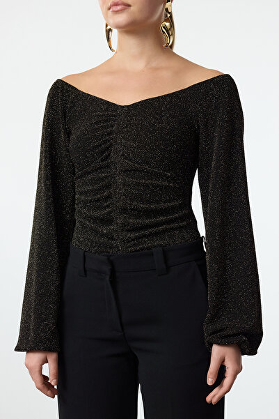 Trendyol Collection Body z dzianiny Carmen Collar Gold Glitter - Shimmer and Snaps Tpraw24Bd00016