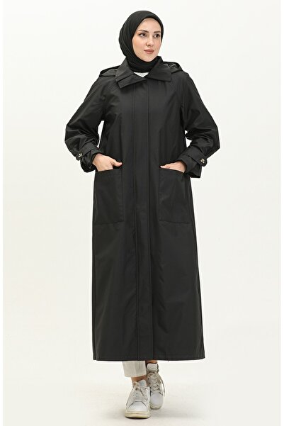 Vivezza Kapşonlu Geniş Yaka Fermuarlı Trençkot 6976-01 Siyah