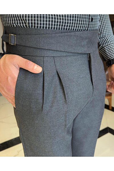 TerziAdemAltun Anthracite Italian style waist detailed pleated men's trousers - T11052