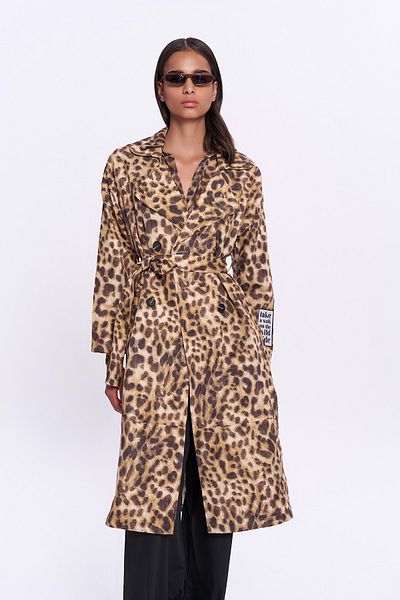 Quzu Beige Color Leopard Patterned Long Trench Coat