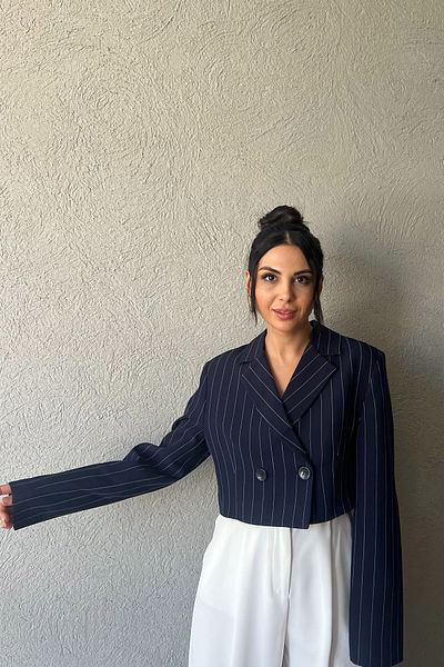 Seda Yalçın Atelier Navy Blue Striped Crop Jacket