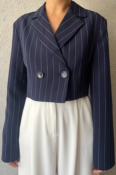 Seda Yalçın Atelier Navy Blue Striped Crop Jacket
