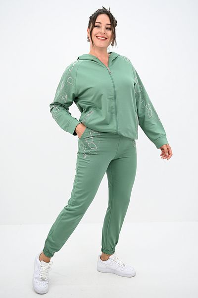 Koza Butik Дамски спортен костюм с качулка и украса с камъни, голям размер - 8129-25