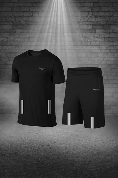 POSEIDON STORM Men's Plus Size Black Dri-Fit Sports T-Shirt and Shorts Set - with Pockets, Comfortable for Walking and Jogging