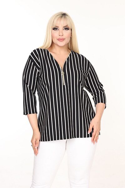 MJORA Fakir Sleeve Collar Zippered Knitted Blouse - Striped