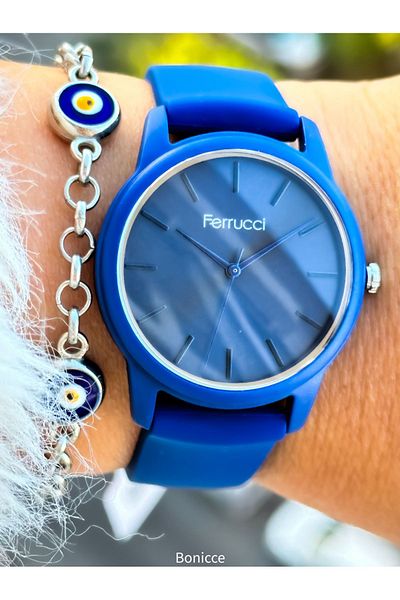 Ferrucci Navy Blue Colored Soft Silicone Cord Women's Wristwatch and Evil Eye Beaded Bracelet