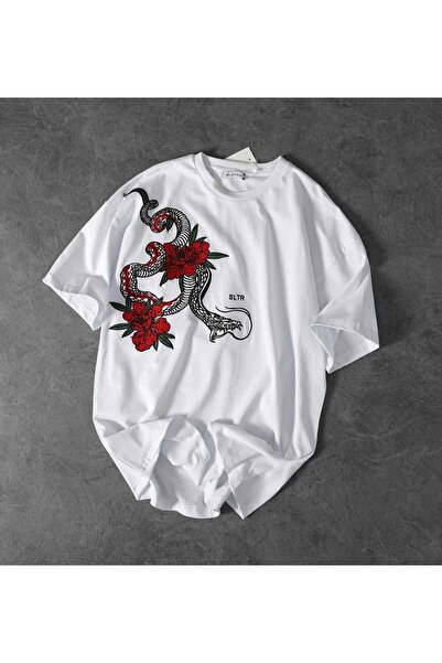 CONSTRAİN Ασπρόμαυρο καλοκαιρινό μπλουζάκι με θέμα το ροζ και το φίδι