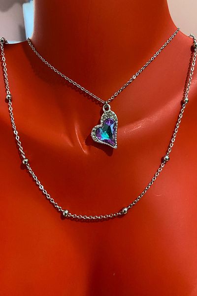 Bourgogne2021 Lilac Silver Colored - Blue Stone Heart Model Women's Necklace Set
