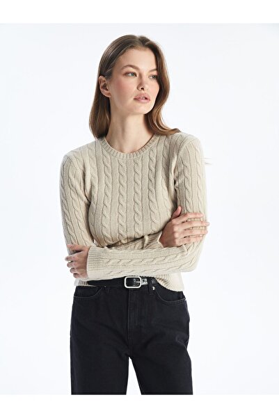 Dexia Saç Örgü Detaylı Bisiklet Yaka Yumuşak Dokulu Slim Fit İnce Triko - Bej...