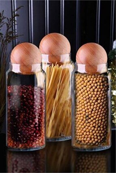ASİL HOME ELEGANCE 3-Piece Glass Jar Set with Wooden Ball Lid Snack Bowl Spic...