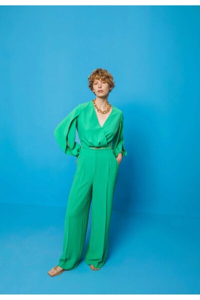 KAMEYA Zincir Aksesuarlı Yeşil Palazzo Pantolon