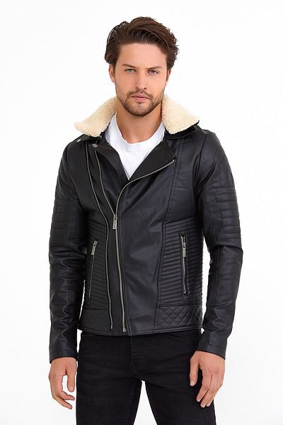 Oliggopol Ανδρικό μαύρο αποσπώμενο γιακά Furry Cross Model Slim Fit Δερμάτινο παλτό
